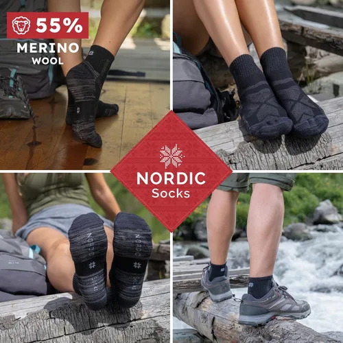 Vista 3 de NORDIC Socks Calcetines de senderismo ligeros de lana merino para hombres y mujeres, paquete de 5 unidades, corte bajo, unisex, antiampollas