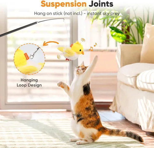 Vista 5 de Petbobi Juguetes para gatos, pájaro aleteante, juguete interactivo para gatos con alas aleteadoras y sonidos de chirrido, juguete recargable por USB