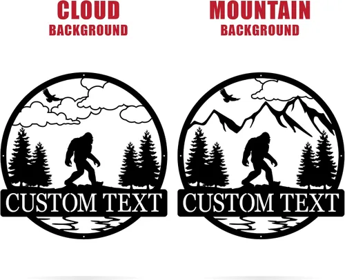 Vista 3 de Letrero de metal con nombre personalizado de Sasquatch para exteriores, decoración artística de patio de montaña Bigfoot Letrero de metal