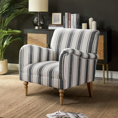 Vista 10 de HULALA HOME Silla decorativa moderna con brazos y patas de madera, cómodo sillón tapizado para dormitorio, sala de estar (patrón a cuadros, negro)