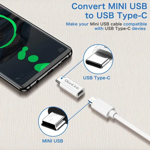 Vista 3 de Adaptador mini USB a USB C, (paquete de 2) Mini USB hembra a USB C macho, conversión de carga y sincronización de datos compatible con Samsung