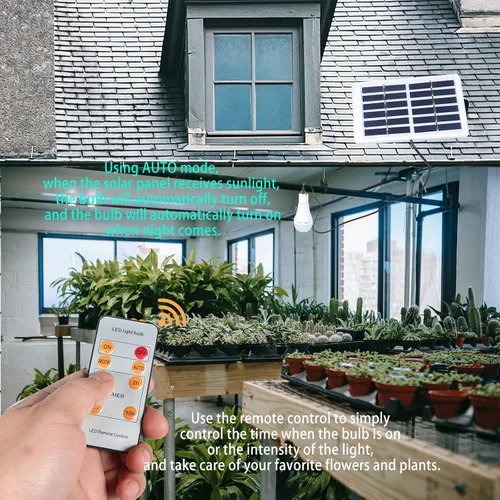 Vista 5 de Bombillas solares recargables con temporizador remoto, 4 modos de iluminación solar para interiores y exteriores, gallinero, huracán, iluminación