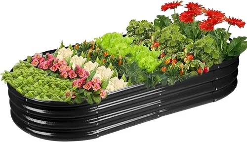Vista 7 de Rakukiri Jardinera elevada con certificación GRS galvanizada para exteriores, maceta ovalada de metal resistente a la putrefacción de 5 pies, maceta