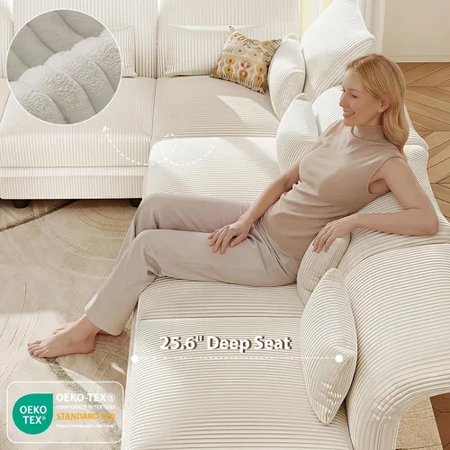 Vista 7 de LLappuil Sofá seccional beige con almacenamiento, sofás modulares de pana para sala de estar con apoyabrazos ajustables, cojines de felpa gruesos, 6