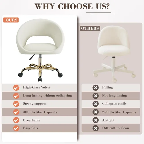 Vista 4 de Silla de Tocador con Ruedas, Cómodas Sillas de Escritorio para Oficina en Casa Ajustables Silla de Maquillaje de Terciopelo Moderna para Dormitorio
