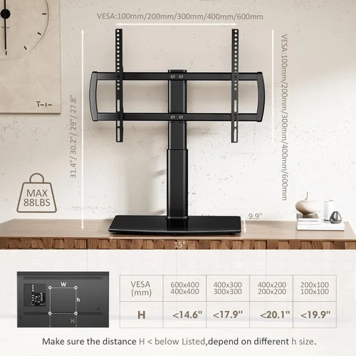 Vista 7 de Soporte universal giratorio para TV con base de mesa para televisores de 32 a 65 pulgadas con giro de 80 grados, base de 4 niveles de altura