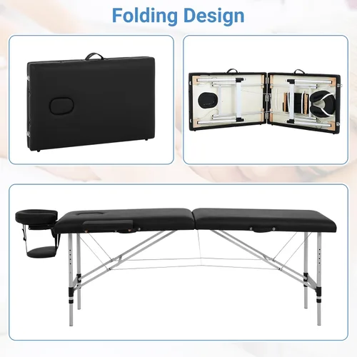 Vista 3 de Mesa de masaje, cama de masaje de 73 pulgadas, altura ajustable, 2 pliegues, de aluminio, de piel sintética, para belleza, spa, con funda