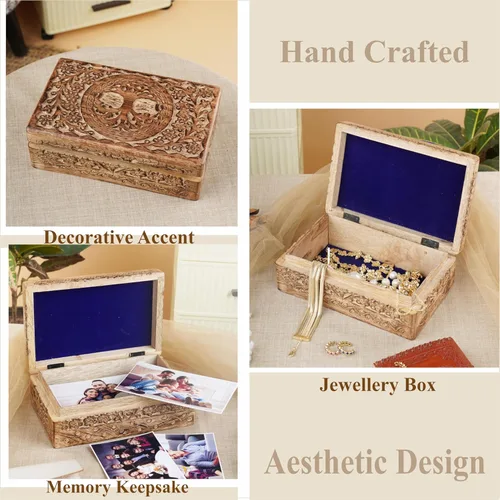 Vista 2 de Ajuny Cajas de Joyería de Madera Cajas Decorativas Antiguas con Tallado del Árbol de la Vida para Decoración de Mesa de Centro Regalo de Cumpleaños