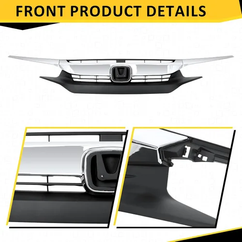 Vista 5 de Parrilla de parachoques delantero con cromo + 2 bordes cromados para párpados para Honda Civic Sedan 2016 2017 2018