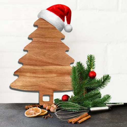 Vista 5 de Tablas únicas de charcutería con forma de árbol de Navidad, regalos de decoración, tablas de cortar de madera de acacia, bandejas de verduras