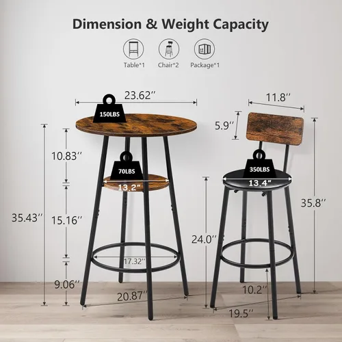 Vista 3 de Juego de mesa de bar y sillas de 3 piezas, mesa de comedor redonda pequeña para 2 personas con respaldo, altura de encimera, juego de mesa de cocina