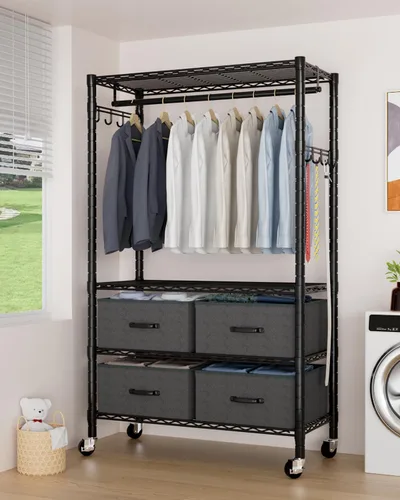 Vista 8 de VyGrow Perchero de Ropa, Perchero de Ropa para Colgar Ropa, Sistema Organizador de Armario Ajustable de 4 Niveles con Cajón Varillas Dobles