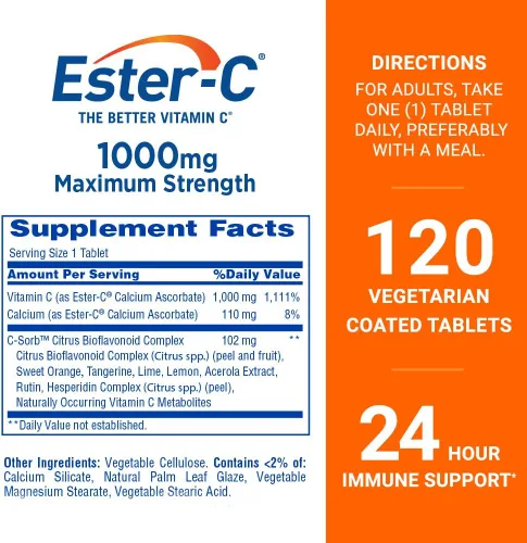 Vista 2 de Ester-C Vitamina C 1000 mg Tabletas Recubiertas, Potenciador del Sistema Inmunológico, Suplemento Amistoso para el Estómago, 120