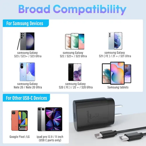Vista 7 de Cargador Tipo C, Paquete de 2 Bloques de Carga Rápida de 25W Tipo C con Cable Cargador USB C Compatible con Galaxy S23 Ultra/S23+/S22/S21/S20/iPhone