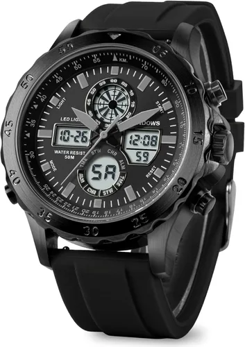 Vista 2 de PINDOWS Relojes para hombre, impermeables, analógicos, digitales, deportivos, multifuncionales, para exteriores, retroiluminación LED, cronómetro