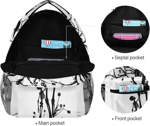 Vista 8 de Mochila negra del Día de los Muertos con patrón de calavera para adultos, mochila escolar casual, bolsa universitaria de viaje, con cremallera