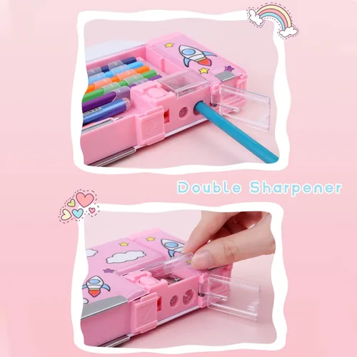 Vista 3 de Estuche de Lápices Multifuncional Emergente para Niñas y Niños, Lindo Organizador de Caja de Bolígrafos de Dibujos Animados con Sacapuntas, Horario