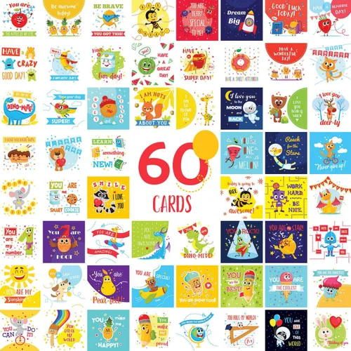 Vista 3 de Notas para la lonchera para niños, 60 bonitas tarjetas inspiradoras y motivacionales para niños y niñas