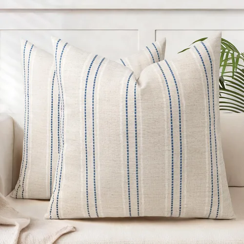Vista 33 de AELS Fundas de Almohada Decorativas de Lino Estilo Granja de 16x16, Funda de Almohada con Textura Boho, Juego de 2, Beige con Rayas de Hilo Teñido