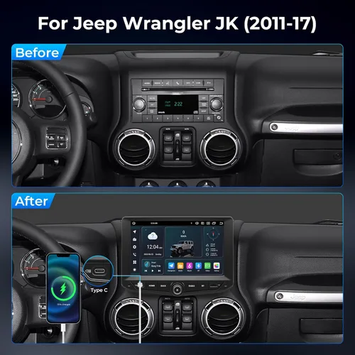Vista 2 de Radio estéreo de coche de 9 pulgadas para Jeep Wrangler JK 2011-2017, pantalla táctil IPS QLED 1280x720P, Android 14 Octa-Core 4GB+64GB, CarPlay