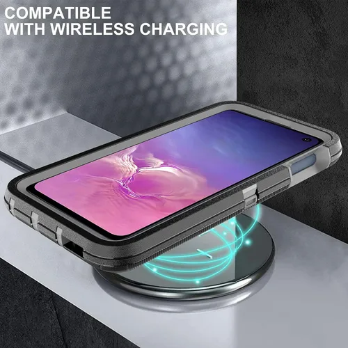Vista 7 de Funda para Galaxy S10E: protección resistente a prueba de golpes 3 en 1, 2 películas nano a prueba de explosiones, negro/gris