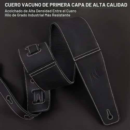 Vista 4 de Nefelibata Correa de guitarra de 3" en cuero de primera capa para bajo, guitarras eléctricas y acústicas, negro (Aged Black)