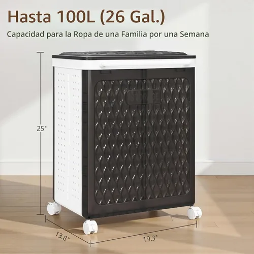 Vista 3 de VECELO Cesta de lavandería con ruedas y tapa, cesta plegable de plástico con asa, carrito de lavandería dividido rodante para espacios pequeños Negro