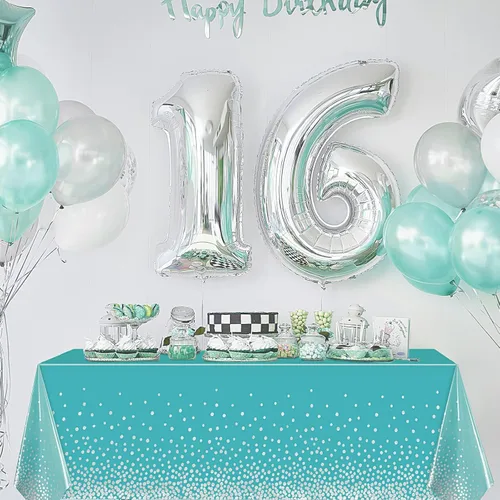 Vista 5 de Breling Mantel rectangular desechable de plástico con diseño de lunares color verde azulado y plateado, para cumpleaños, boda, baby shower