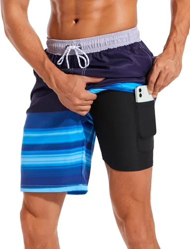 Vista 39 de Difficort - Traje de baño para hombre con forro de compresión, pantalones cortos de secado rápido con bolsillos con cremallera 1-a/ Rayas negras