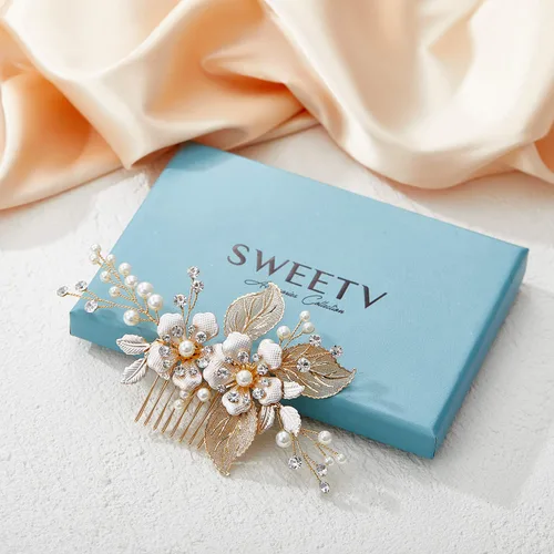 Vista 5 de SWEETV Peine de pelo de boda dorado hecho a mano, clip de pelo nupcial para boda, accesorios para el cabello