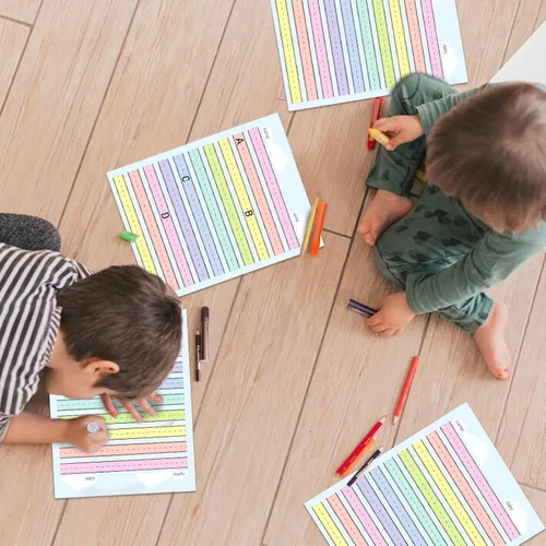 Vista 7 de 50 hojas de papel de línea elevada multicolor para práctica de escritura, papel de escritura de jardín de infantes de regla ancha, doble cara