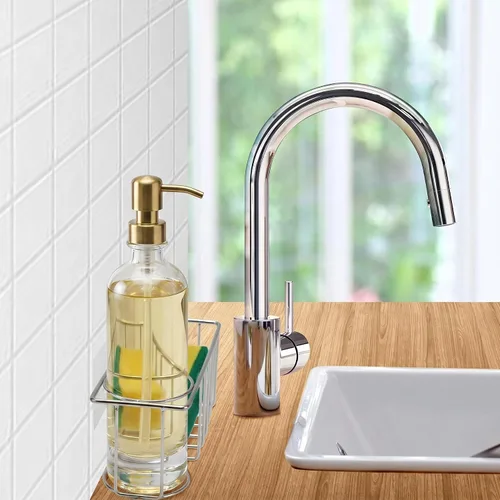 Vista 4 de Soporte de esponja 3 en 1 para fregadero de cocina con soporte para cepillo de platos de acero inoxidable para colgar fregadero organizador