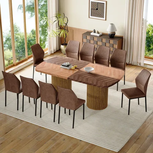 Vista 10 de Mesa de comedor extra larga de 78.7 pulgadas para 6-10 personas, mesa de cocina moderna con bases estriadas, mesa de comedor rectangular de granja