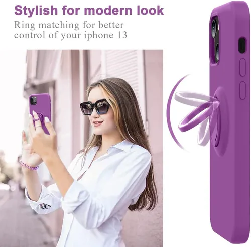 Vista 3 de MOCCA Funda compatible con iPhone 13 de 6.1 pulgadas con soporte de anillo Silicona líquida Forro de microfibra Funda protectora antiarañazos