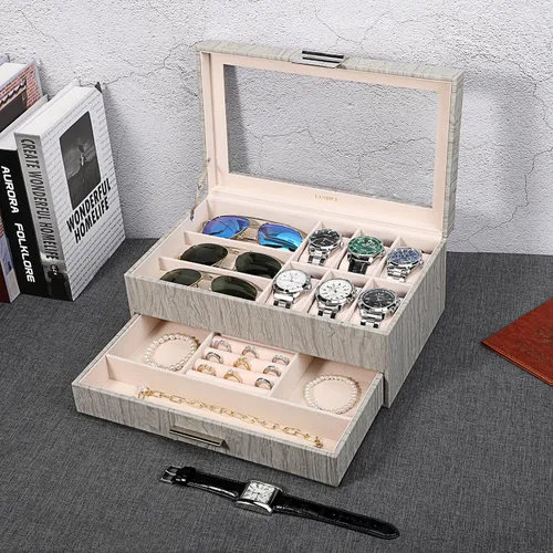 Vista 6 de LANDICI Caja organizadora de relojes para hombres y mujeres, 2 capas y 6 ranuras de piel sintética con parte superior de cristal, soporte grande