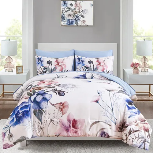 Vista 24 de Luxudecor Juego de edredón floral tamaño individual de 7 piezas, cama de flores aguamarina en una bolsa, elegante edredón floral degradado con juego