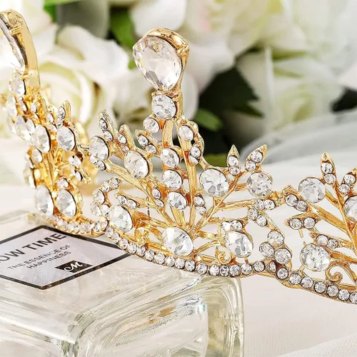 Vista 3 de Bmirth Corona de cristal barroca para boda, tiaras de novia doradas, tocados, joyería de pelo nupcial reina para mujeres y niñas.