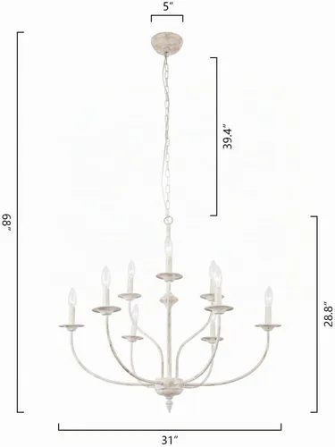Vista 8 de Maxax Candelabro de Campo Francés, Candelabro de Granja Blanco Antiguo de 2 Niveles y 9 Luces, Accesorios de Lámpara Colgante de Vela Rústica de 31