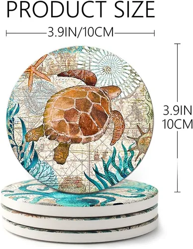 Vista 3 de Teivio Posavasos de piedra absorbente con temática de vida marina para bebidas, base de corcho con soporte, decoración costera con tema de playa
