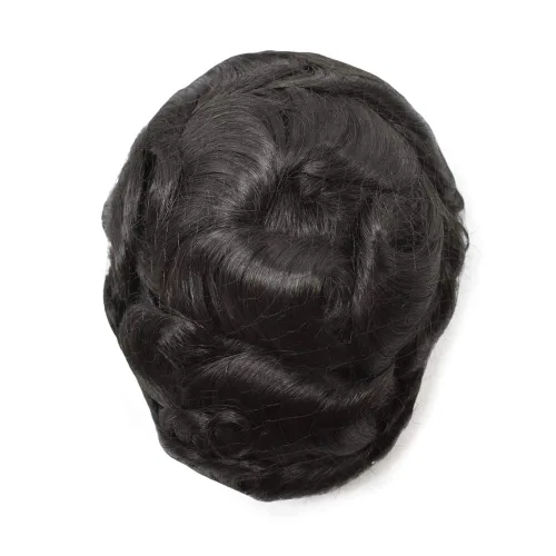 Vista 2 de Peluca tipo tupé para hombre, sistema de repuesto de cabello humano #1B, negro natural, duradero, monofilamento fino, monofilamento, piel