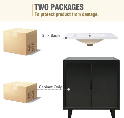 Vista 6 de LUMISOL Tocador de baño de 30 pulgadas con lavabo, armario de almacenamiento de baño negro de madera maciza con dos puertas, tocador de baño moderno