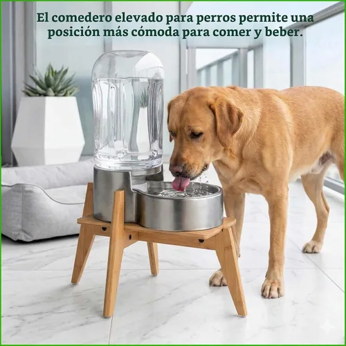 Vista 6 de Soporte para dispensador de alimentos de agua para perros, soporte automático para comederos para perros, apto para perros grandes, bambú Bambú-DL
