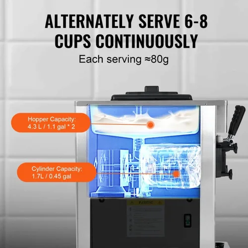 Vista 5 de Máquina comercial de helado de servicio suave de 1850 W, 3 sabores, 5.5-8.2 galones/hora, limpieza automática, panel LCD, acero inoxidable