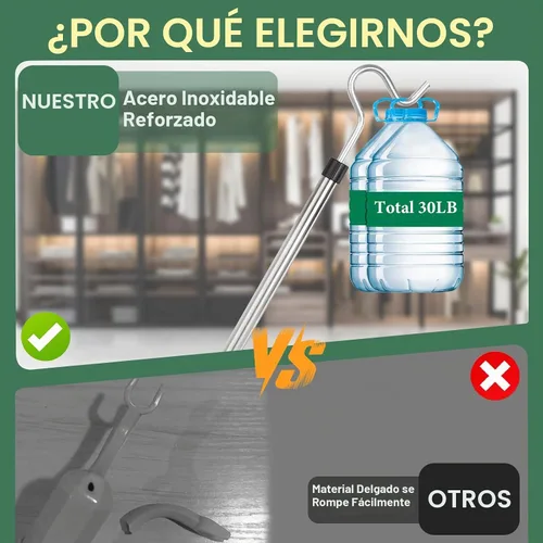 Vista 5 de Poste de gancho para ropa, 51 pulgadas, alcance de poste de armario con gancho, mango de esponja de acero inoxidable, longitud del mango de la ropa