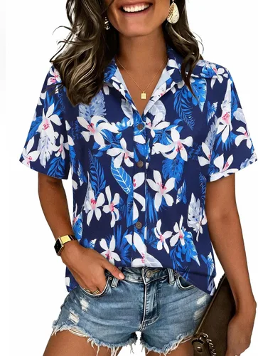 Vista 42 de LILYCHIC Camisas hawaianas de verano con botones de coco para mujer, camisas suaves con botones de manga corta A-hoja floral negra