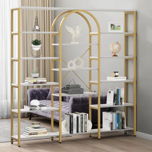 Vista 7 de Gyfimoie Estantería dorada triple ancha, 70.87 pulgadas de ancho x 71.34 pulgadas de alto, estantería grande y moderna Etagere con estantes abiertos