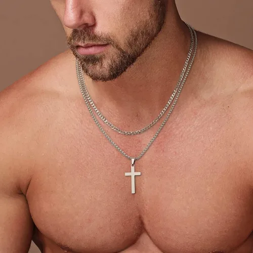 Vista 2 de LUXEJEW Collares de cruz de acero inoxidable para hombres, cadena de eslabones cubanos de cadena de eslabones negros, plateados y dorados, collar