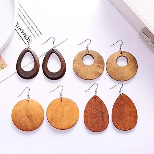 Vista 7 de 4 pares de pendientes geométricos de madera de madera con forma de lágrima de círculo redondo y pendientes de madera étnico natural de madera