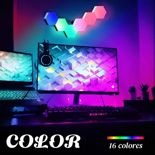Vista 2 de ODISTAR Lámpara de pared hexagonal con control remoto, inteligente, sensible al tacto, geométrica, modular, RGB montada, luz colorida con Paquete