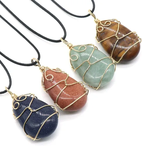 Vista 2 de LHJ Collar de piedra natural 4 piezas con forma de gota de agua mezcla de energía alambre de cristal dijes para mujer regalo de joyería no conocido